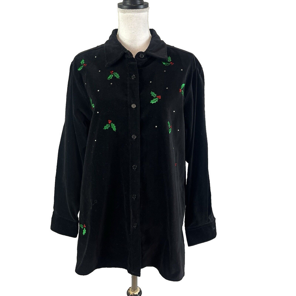 The Quacker Factory Shacket Jacket size Large Black Velvet Candy Canes Christmas